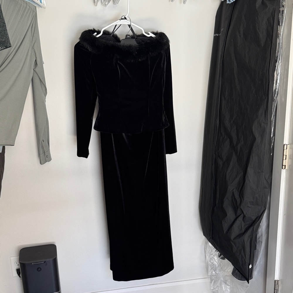 Alex Evenings Black Faux Fur Trim Dress
